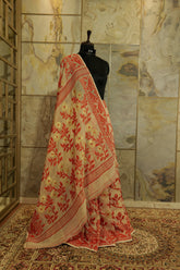 Off White  - Red & Gold  cotton Jamdani saree